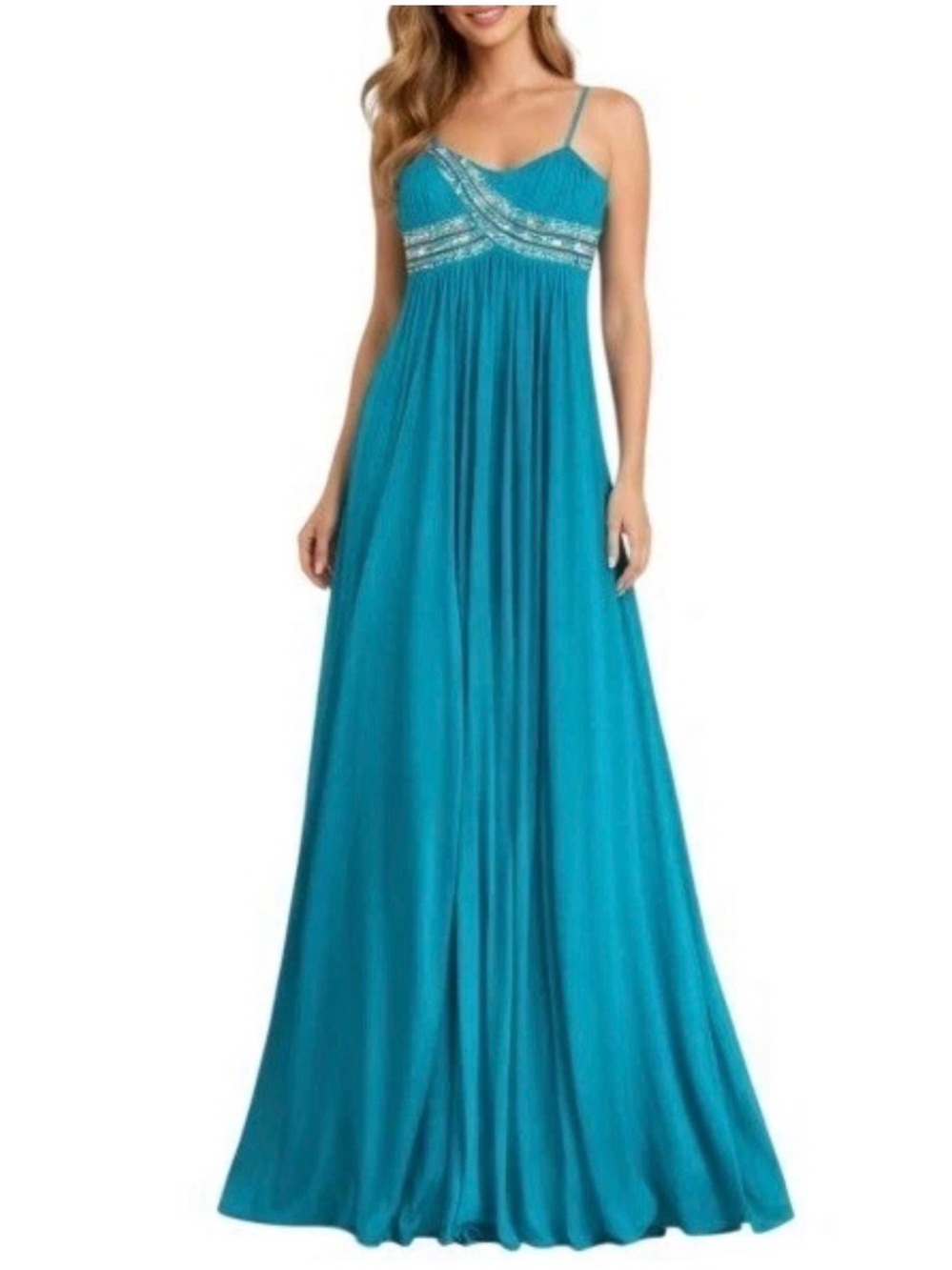 Aidan Mattox Maxi Dress Teal Blue Beaded Rhinestones Ball Gown Prom Wedding Sz 2